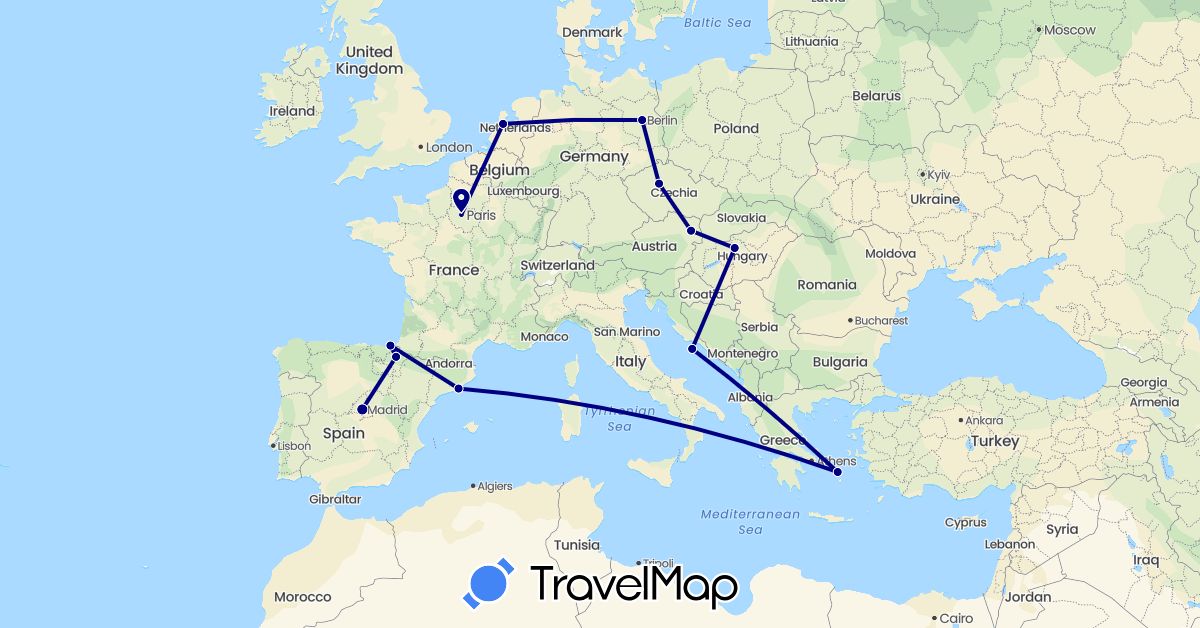 TravelMap itinerary: driving in Austria, Czech Republic, Germany, Spain, France, Greece, Croatia, Hungary, Netherlands (Europe)